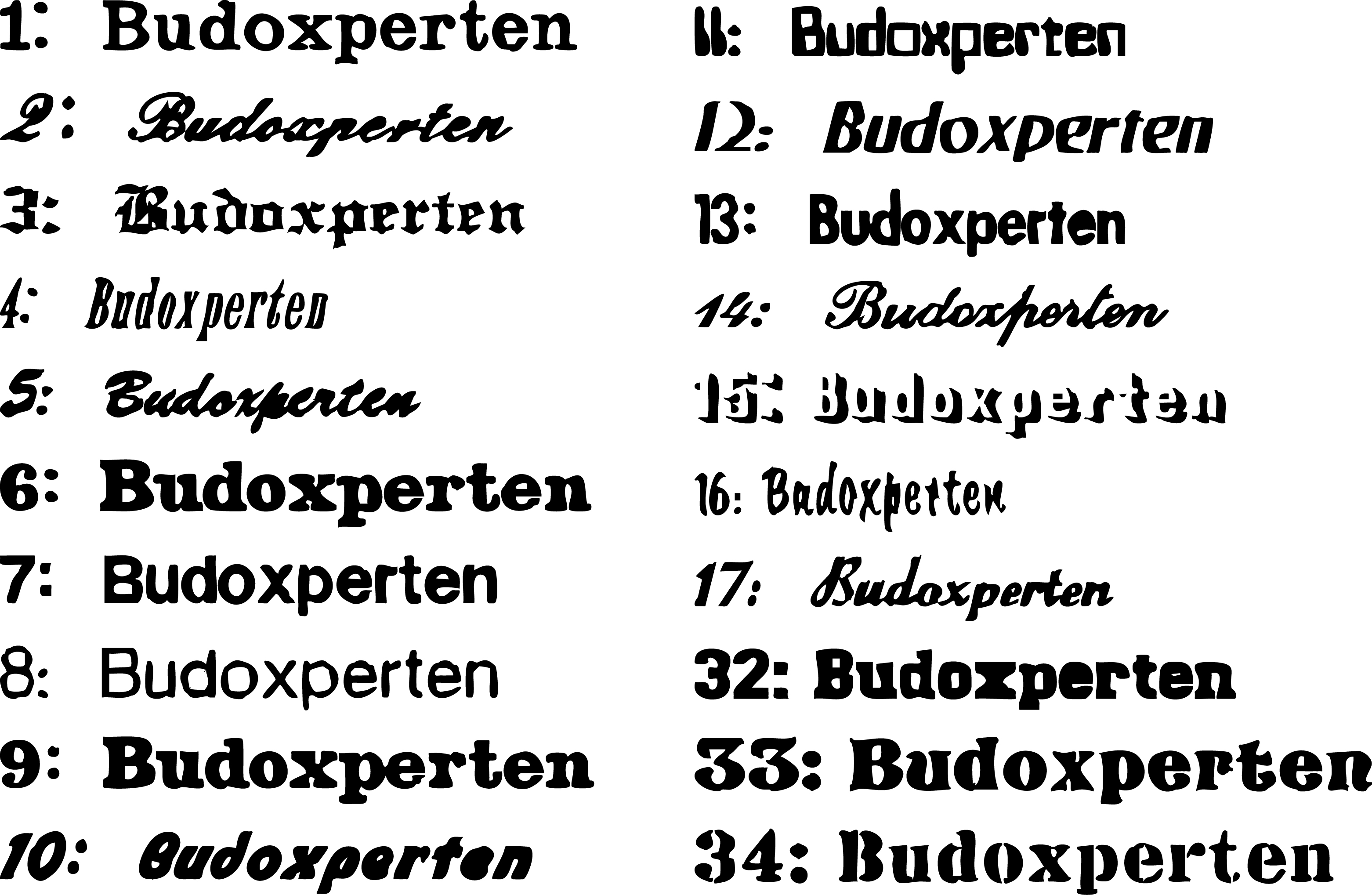 Oversigt over broderi-skrifttyper: 1-17, 32-34