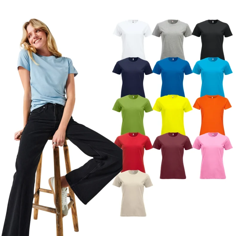 T-shirt New Classic dame p� model, med de 13 farver ved siden af