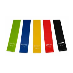 N�rbillede af styrken trykt p� b�ndene: X-Light, Light, Medium, Heavy og X-Heavy