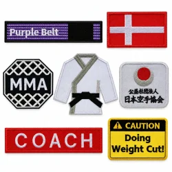 Velcro-patches i flere stilarter: b�ltepatch, Dannebrog, MMA, gi-jakke, JKA, coach og weight cut
